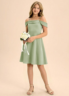 Azazie Anselie Junior Jurk van Stretch Satijn met A-Lijn Geplooid Stoffige Salie image1