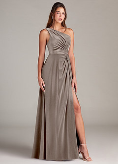 Azazie Brooke Bridesmaid Dresses Silver Taupe A-Line One Shoulder Velvet Dress image3