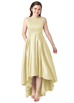 Azazie Inaya Junior Lemon Sorbet A-Line with Belt Stretch Satin Dress image1