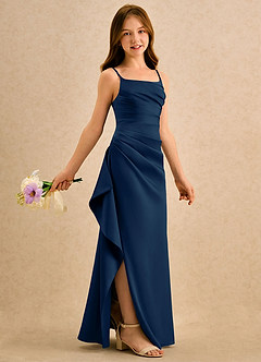 Azazie Cannoli Girls Formal Sukienki dla dziewczynek sypiących kwiaty Linia A Pofałdowany Satyna elastyczna Długość podłogi Sukienka image1