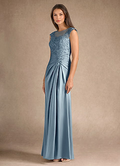 Azazie Santa Barbara Mother of the Bride Dresses Dusty Blue Sheath Pleated Stretch Satin Dress image6