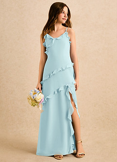 Azazie Lola Girls Formal 플라워 걸 드레스 A라인 러칭 쉬폰 플로어 길이 드레스 image3