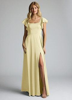 Azazie Bondi Vestidos de damas de honor Vestido de Sorbete De Limón de Satén Elástico de Corte en A con Lazo image5