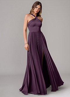 Azazie Afra Bridesmaid Dresses Plum A-Line Pleated Stretch Satin Dress image1