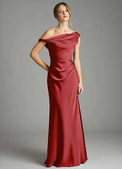 Azazie Emerson Bridesmaid Dresses Pomegranate Mermaid Off the Shoulder Stretch Satin Dress image1