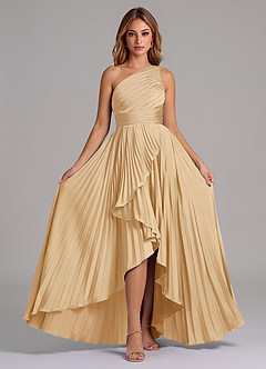 Azazie Lyrica 신부 들러리 드레스 A라인 한쪽 어깨 스트레치 새틴 비대칭 드레스 image6