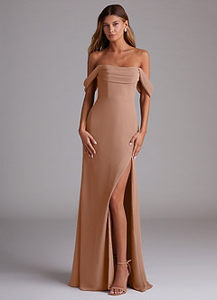 Azazie Saige Bridesmaid Dresses Champagne Rose A-Line Off the Shoulder Chiffon Convertible Dress image1