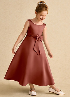 Azazie Eve Abiti da Ragazza di Fiori Abito A-Line in Raso Opaco Plissettato Auburn image3