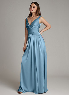 Azazie Pauline Vente finale Robe Trapèze en Satin extensible Plissé Acier Bleuté image7