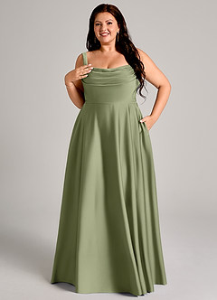 Azazie Shaude Bridesmaid Dresses Garden Sage A-Line Pleated Stretch Satin Dress image12