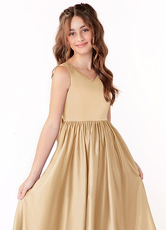 Azazie Hathaway Junior Gold A-Line Bow Stretch Satin Dress image5