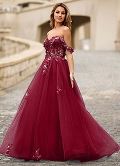 Eleanor Burgundy 3D Floral Lace Prom Dress image7
