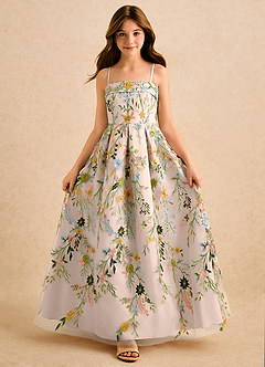 Azazie Lark Girls Formal Flower Girl Dresses Blushing Pink A-Line Pleated Lace Dress image1