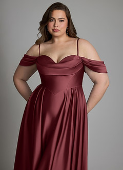 Azazie Loisa Robes de demoiselle d'honneur Robe Trapèze en Satin extensible Épaules dénudées Merlot image14