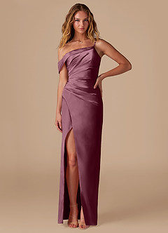 Azazie Lia Jurken voor bruidsmeisjes Jurk van Metaalachtig Satijn met Kolom Off the Shoulder Cabernet image1
