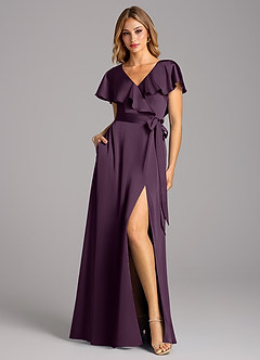 Azazie Lainey Robes de demoiselle d'honneur Robe Trapèze en Satin extensible avec poches Prune image3