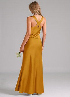Azazie Kamila Robes de demoiselle d'honneur Robe Trapèze en Satin extensible Plissée Caramel écossais image2