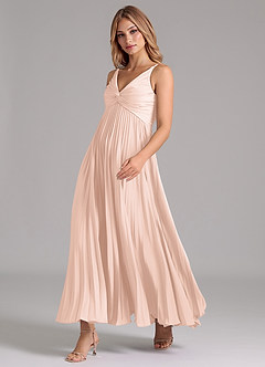 Azazie Raychelle Robes de demoiselle d'honneur Robe Trapèze en Satin extensible Plissée Rose Pâle image6