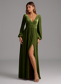 Azazie Norah Bridesmaid Dresses Olive A-Line Long Sleeve Velvet Dress image1