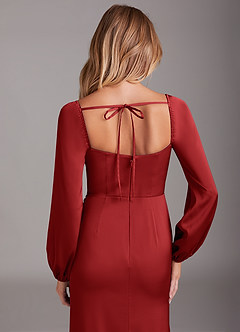 Azazie Charissa Bridesmaid Dresses Pomegranate Sheath Long Sleeve Stretch Satin Dress image2