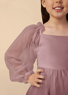Azazie Aya Flower Girl Dresses Dusty Rose A-Line with Sleeves Tulle Dress image3