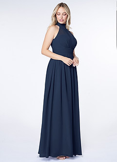 Azazie Iman Vestidos de damas de honor Vestido de Azul Marino Oscuro de Gasa de Corte en A con Línea A fruncida image3