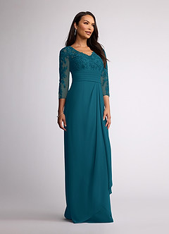 Azazie Joan Mother of the Bride Dresses Ink Blue Sheath V-Neck Lace Chiffon Dress image2