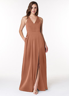 Azazie Ceria Final Sale Bronzer A-Line V-Neck Stretch Satin Dress image1