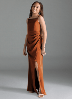 Azazie Leonis Junior Cinnamon A-Line Pleated Stretch Satin Dress image4