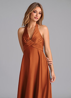 Azazie Tessie Bridesmaid Dresses Cinnamon A-Line Pleated Stretch Satin Dress image3