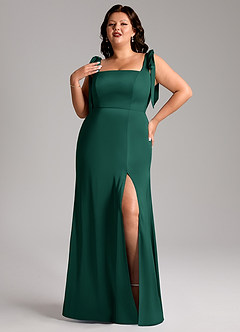 Azazie Frostine Bridesmaid Dresses Emerald A-Line Bow Stretch Satin Dress image9