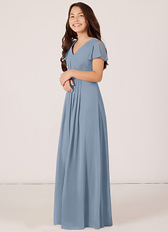 Azazie Peony Junior Dusty Blue A-Line Pleated Chiffon Dress image3