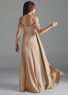 Azazie Amyra Junior Taupe Sheath Off the Shoulder Stretch Satin Dress image2