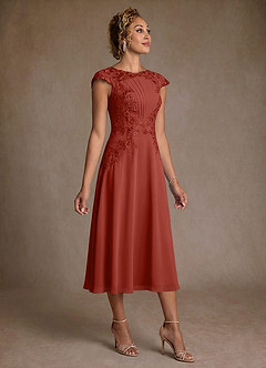 Azazie Crista 신부의 어머니 드레스 A라인 레이스 쉬폰 티 길이 드레스 image3