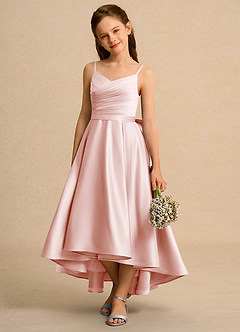 Azazie Sweets Girl vestidos de niña de las flores Vestido de Rosa Rubor de Satin Mate de Corte En A con Plisado image3