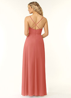 Azazie Naeem Robes de demoiselle d'honneur Robe Trapèze en Mousseline de soie Col V à volants Rose Saumon image2