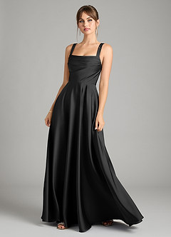 Azazie Shaude Bridesmaid Dresses Black A-Line Pleated Stretch Satin Dress image1