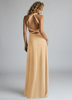 Azazie Clarice Bridesmaid Dresses Gold A-Line High Neck Stretch Satin Dress image3