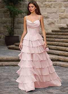Floralace Powder Pink Ruffled A-line Prom Dress image3