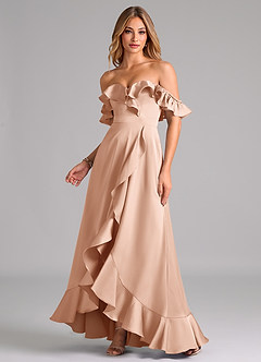 Azazie Lyra Robes de demoiselle d'honneur Robe Trapèze Convertible en Satin extensible Épaule décolletée Or Rose image1