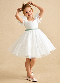 Azazie Debbie Flower Girl Dresses Ivory Agave Ball-Gown Sweetheart Neckline Organza Dress image2
