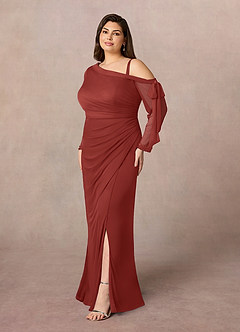 Azazie Marna Mother of the Bride Dresses Terracotta Sheath One Shoulder Mesh Dress image7