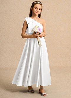 Azazie Guppy Girls Formal Flower Girl Dresses White A-Line One Shoulder Matte Satin Dress image1