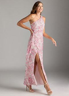 Azazie Maive Bridesmaid Dresses Abstract Watercolor Floral Sheath Pleated Ruffle Chiffon Dress image4
