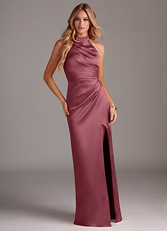 Azazie Jemma Bridesmaid Dresses Desert Rose Sheath Pleated Stretch Satin Dress image3