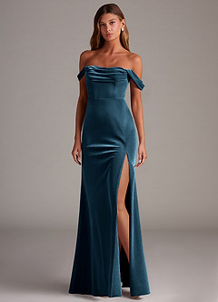 Azazie Saige Bridesmaid Dresses Blue Topaz Sheath Off the Shoulder Velvet Convertible Dress image3