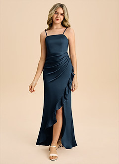 Azazie Buzzy Junior Dark Navy Sheath Pleated Stretch Satin Dress image5
