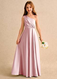 Azazie Puddles Girls Formal Robe Demoiselle D'honneur Fillette Robe Trapèze en Mat Satiné Une épaule Rose Poudré image1