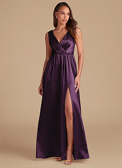 Azazie Tanicia Final Sale Plum A-Line Pleated Metallic Satin Dress image1