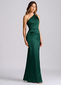 Azazie Akilah Bridesmaid Dresses Emerald Mermaid One Shoulder Stretch Satin Dress image3